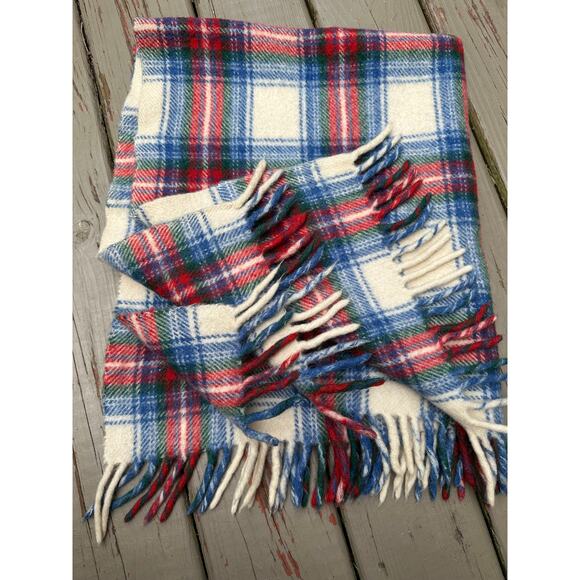 Vintage Wool Tartan Plaid Throw Stadium Blanket blue red white 38x32” Fringed - Picture 5 of 11